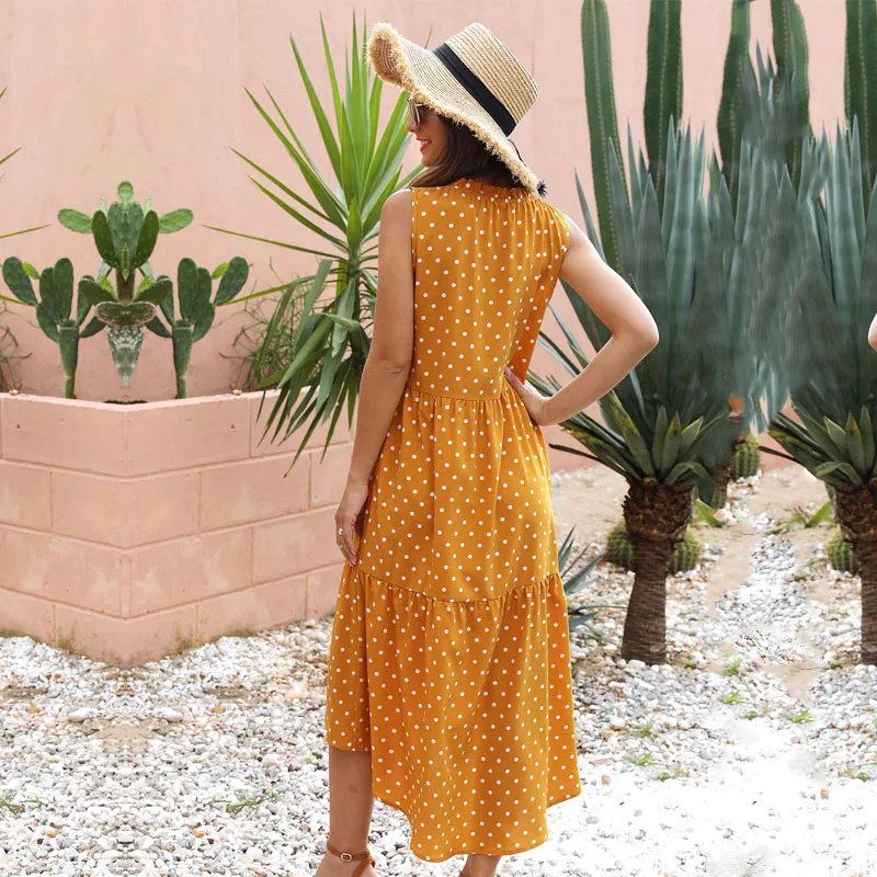 

Dot Sleeveless A-line Summer Cascading Ruffle O-neck Streetwear Tank Natural Mid-calf Dress for Women