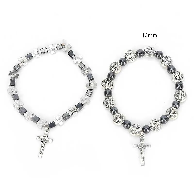 Браслет с гематитовыми бусинами и крестом Иисуса центральное сострадание