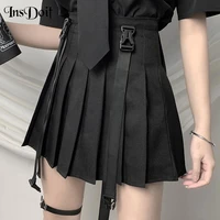 insdoit gothic black high waist safari style skirts a line strap skirt punk streetwear buckle skirt tooling pleated skirts