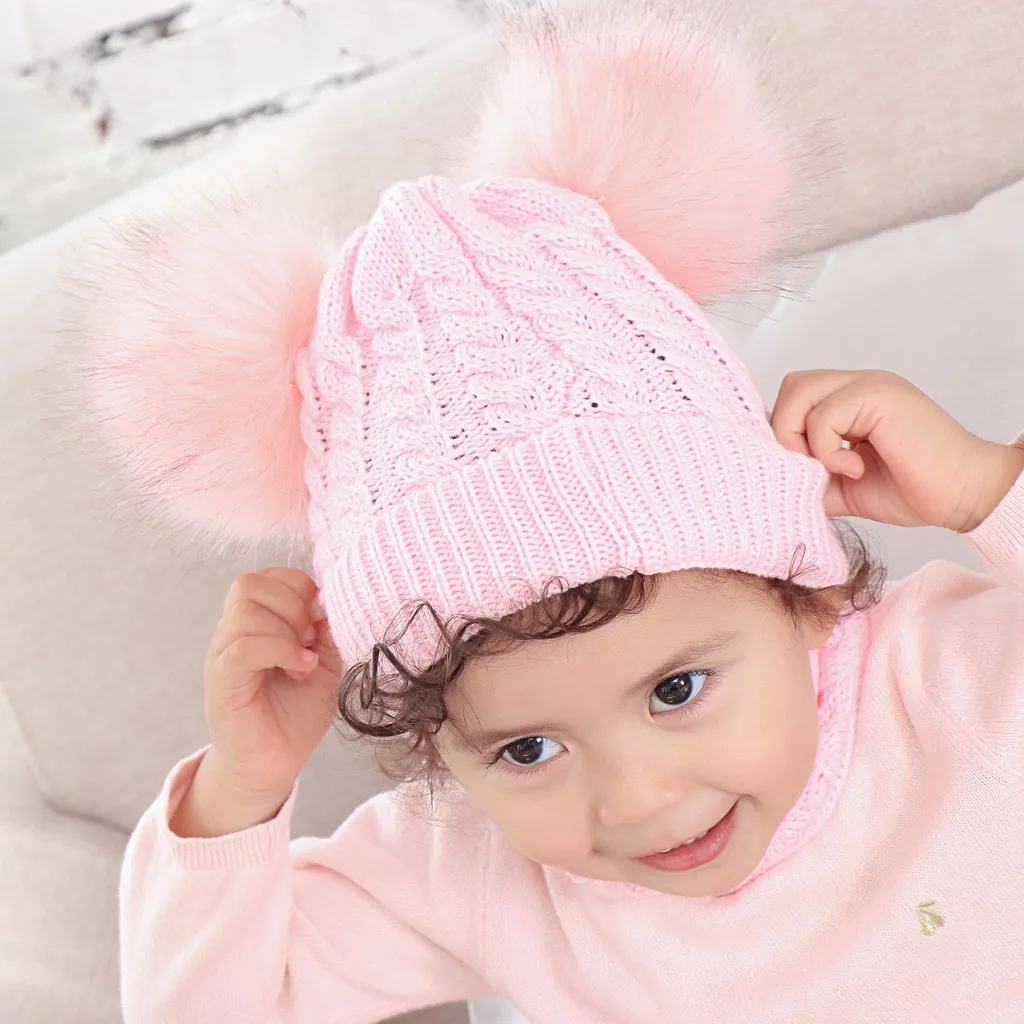 Модные зимние тёплые вязаные шапки для маленьких детей двойные шерстяные с