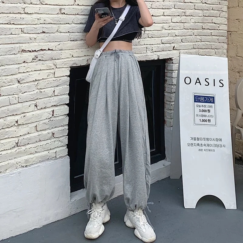 

MINGLIUSILI Korean Fashion Wide Leg Pants Spring 2021 Black Sweatpants Women High Waist Loose Casual Gray Trousers Women