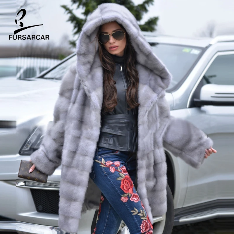 FURSARCAR/большой женский зимний жакет с капюшоном, новые модные роскошные шубы из натурального меха норки серого цвета для женщин, пальто из натурального меха, ткань