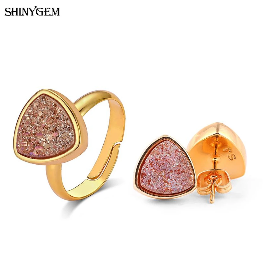 ShinyGem New Triangle Mineral Crystal Earrings Ring Party Jewelry Set Golden Sparkling Druzy Natural Stone For Women | Украшения и