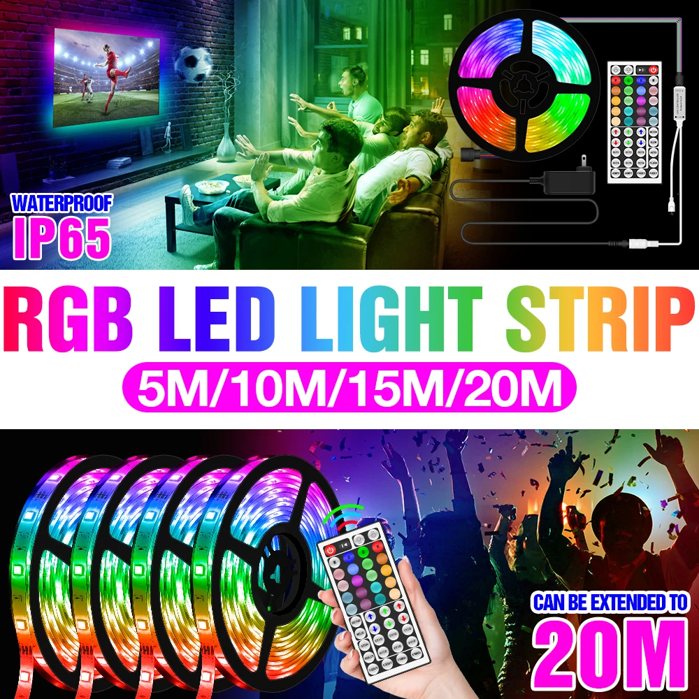 Luzes de Néon 20m para o Quarto Tira Impermeável Fita Flexível Controle Remoto Lâmpada 5m 10m 15m Decoracion 12v Led Rgb 5050