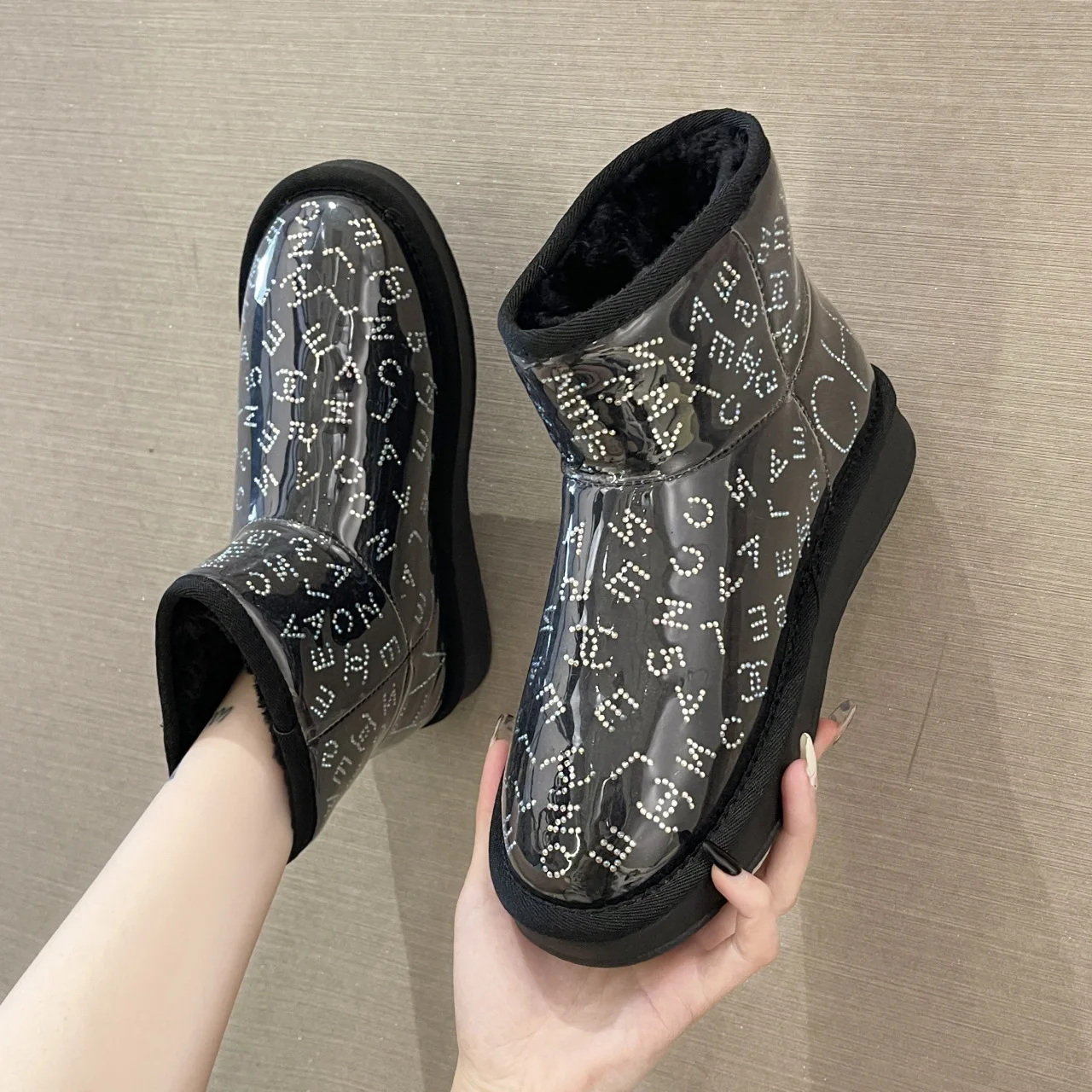 

Snow Boots Women Transparent Ankle Booties Round Toe Rhinestone Letter Winter Female Warm Fur Shoes Handmade Platform Plush Boot