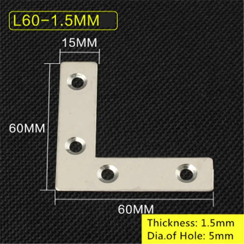 L60-1.5mm 5 шт./лот, толщина 1,5 мм, LT форма, нержавеющая сталь, плоский угол, кронштейн, поддержка, угловой кронштейн, мебельная фурнитура, разъемы - Цвет: L60-1.5mm
