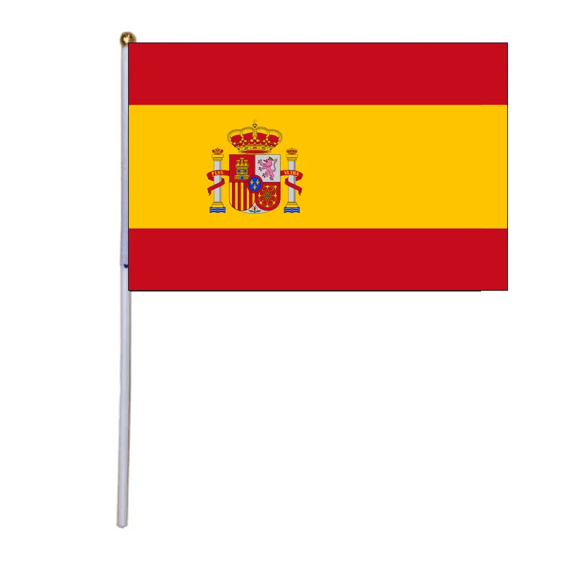 Xvggdg-Bandera Nacional de Espa&ntilde;a con asta de pl&aacute;stico, banderas de poli&eacute;ster, 14x21 CM, 100 unidades-0