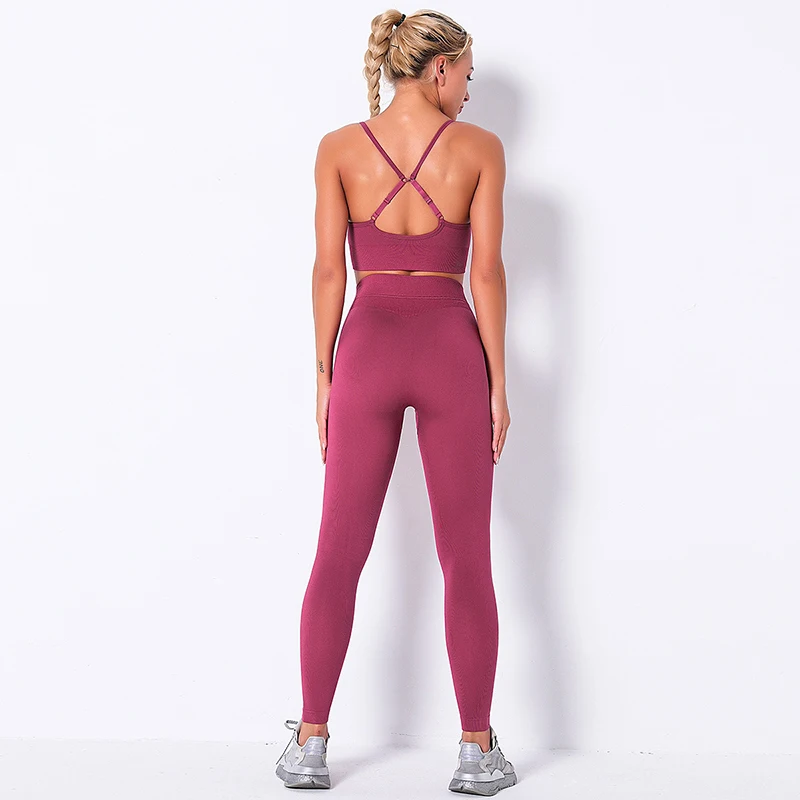 

NORMOV Workout Women Sets Seamless Backless Bras And High Waist Push Up Trousers Suit Fitness Solid Sets Mujer