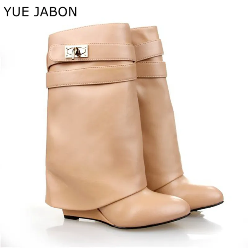 

YUE JABON Shark Lock Boots for Women Fashion Genuine Leather Short Botas Mujer Height Increasing Wedge Boots Ladies Big Size 42