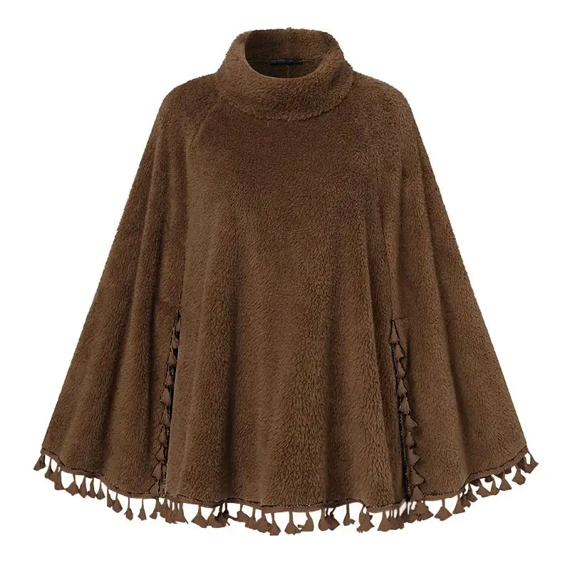 

Casual Turtleneck Tassel Ponchos Coat 2021 ZANZEA Women Plush Cloak Fashion Autumn Warm Capes Female Solid Outwear Loose Jackets