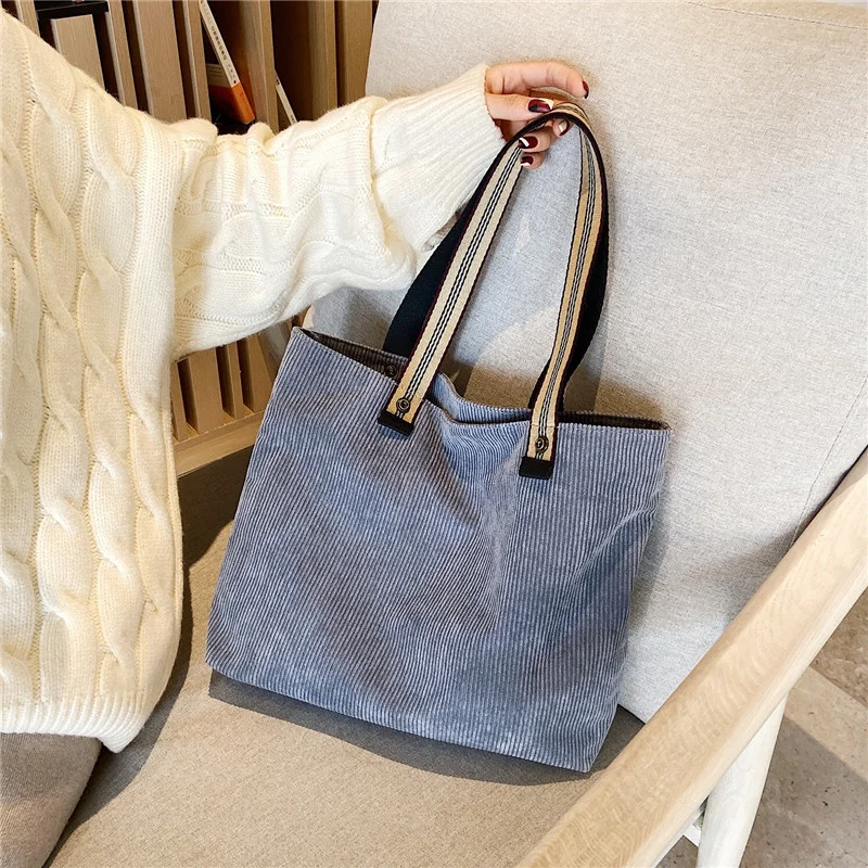 

Women Corduroy Bags Woven Cotton Straps Canvas Shoulder Bag Striped Cloth Handbag Casual Tote Ladies Zipper Purse Eco Books Bag