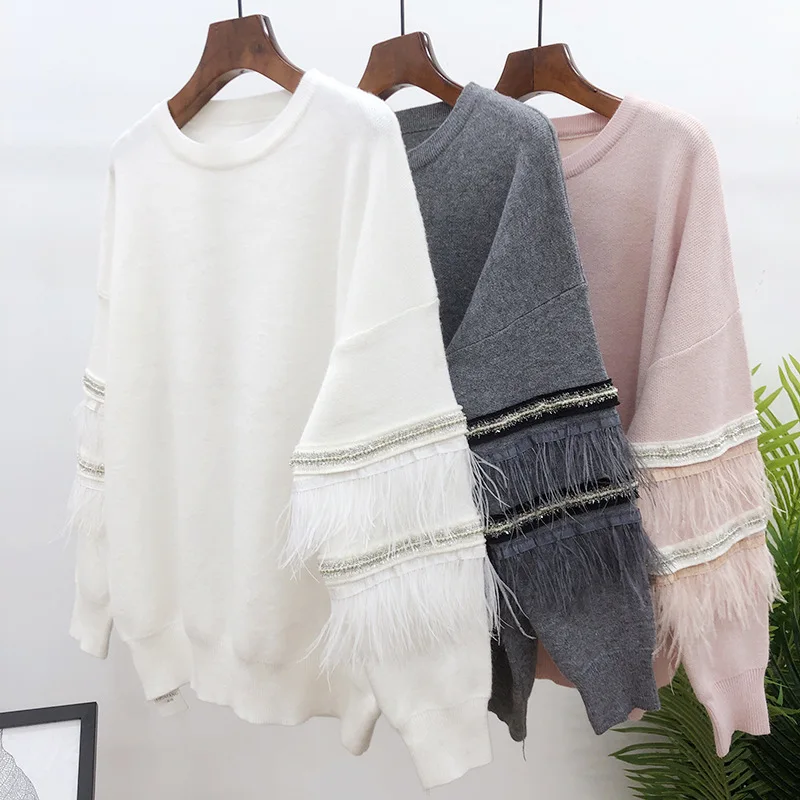 WHITNEY WANG Sweaters Autumn Winter Fashion Streetwear Feathers Patchwork Sweater Women Jumper sueter mujer invierno