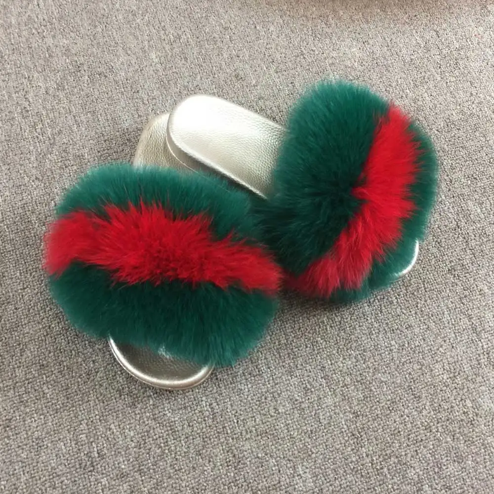 Green Red Green Сезон лето-осень; женские модные домашние шлепанцы с натуральным лисьим мехом; шлепанцы наивысшего качества с золотой подошвой из пвх; VS1015 - Цвет: Green Red Green