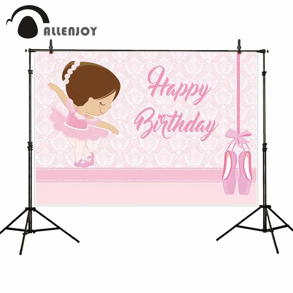 

Allenjoy Pink girl Banner Happy Birthday Ballet Girl Shoes Damask Party Background Princess Baby Shower Event Backdrop Photozone