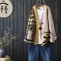 long sleeve cardigan women buttoned outer v neck knit sweater 2021 spring and autumn matching loose literary large pockets top