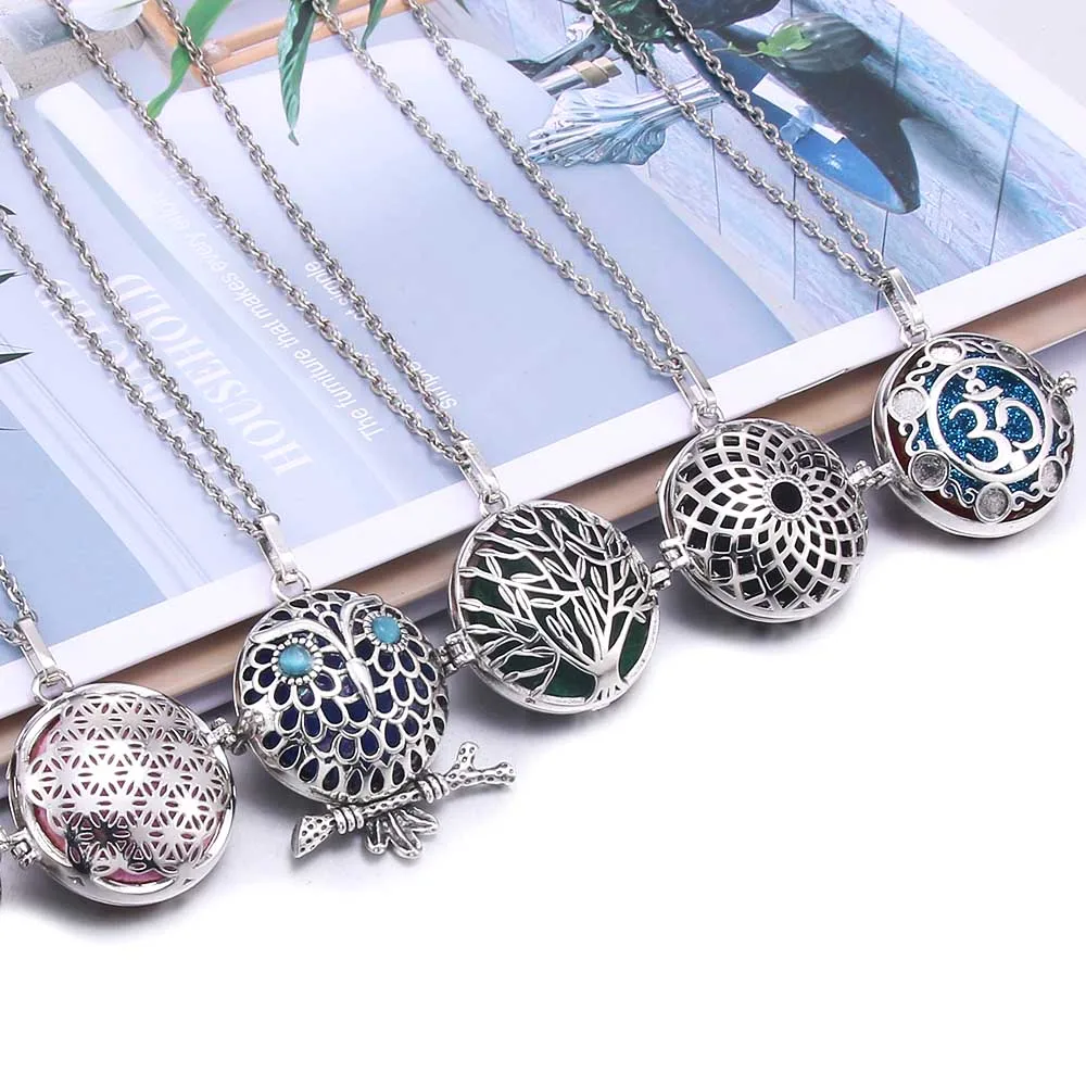 

New Aromatherapy Necklace Open Vintage Antique Lockets Pendant Tree of life Owl Essential Oil Aroma Diffuser Locket Necklace