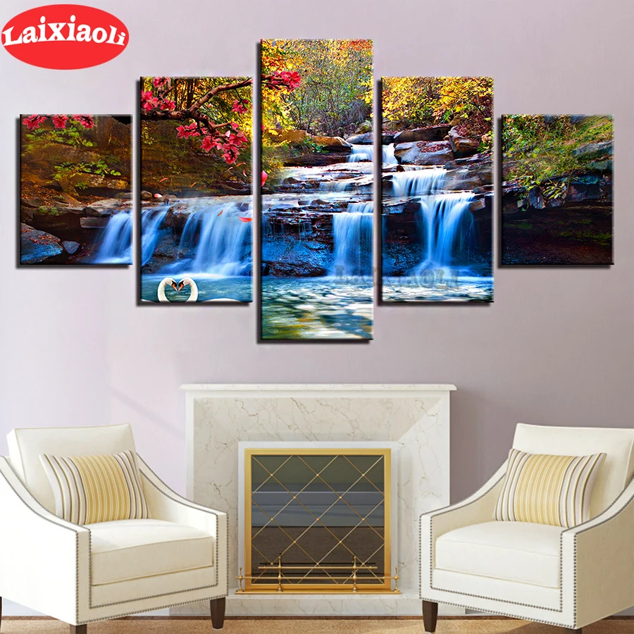 

5 Pieces Forest Lake Waterfall Scenery diamond painting full square round drill Tree Flower Swan diamond embroidery Home Decor