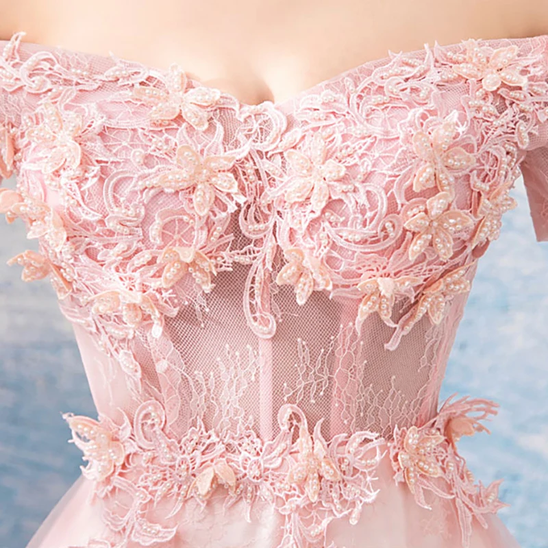 

Pink Luxury Evening Dress Illusion Off The Shoulder Lace Tulle Short A-Line Embroidery Pearls Elegant Women Formal Dresses TS316