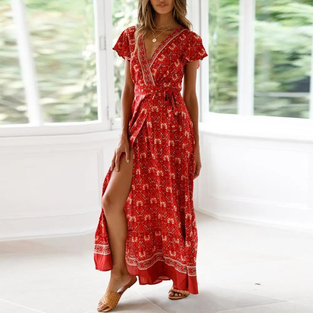 Boho женское Макси платье летнее с v-образным вырезом цветочным принтом