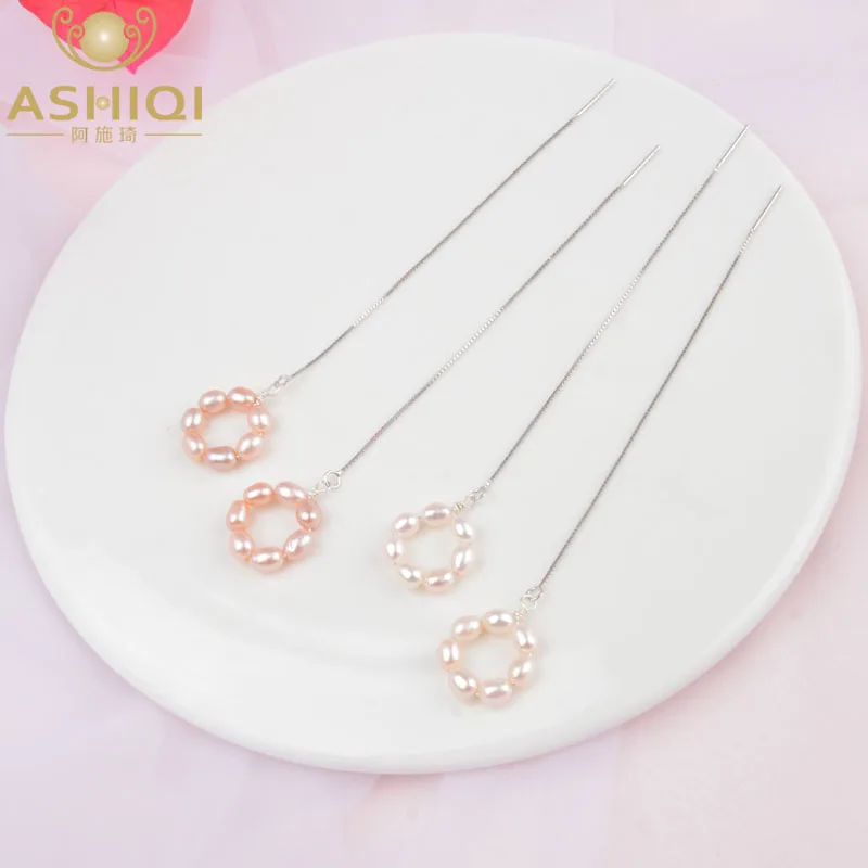 Женские длинные серьги из серебра 925 пробы с натуральным пресноводным