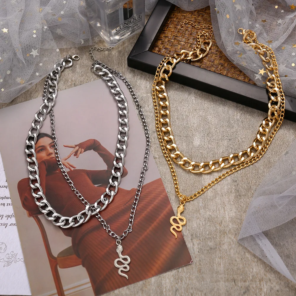 

2021 Punk Snake Pendant Necklace Golden Silver Color Unquie Men Women Neck Jewelry Statement Pouplar Necklace Wholesale