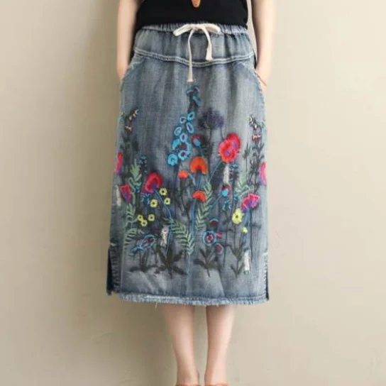 Большой размер женская джинсовая юбка макси с вышивкой 2020 летняя уличная