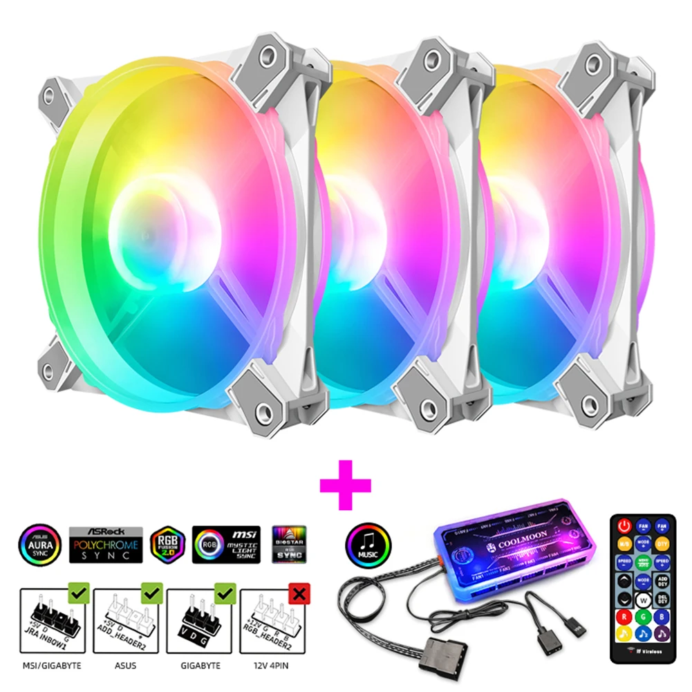 

Кулер COOLMOON для ПК со светодиодной RGB подсветкой, охлаждающий вентилятор, радиатор для шасси с музыкальным ритмом, контроллер ARGB 5 В