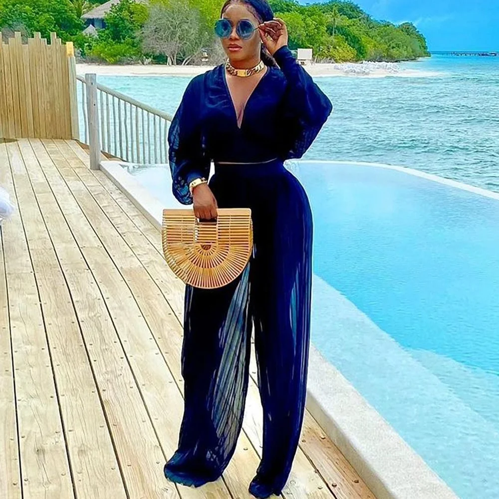 

Женские шифоновые брючные комплекты, весна-осень 2022, синие брючные костюмы с широкими штанинами, привлекательные Прозрачные топы с V-образн...