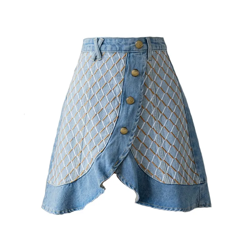

Skirts Womens Asymmetric Splicing Ruffle Denim Skirt Plaid Embroidered Fishtail Skirt 2021 Summer High Waist Skirt Ladies