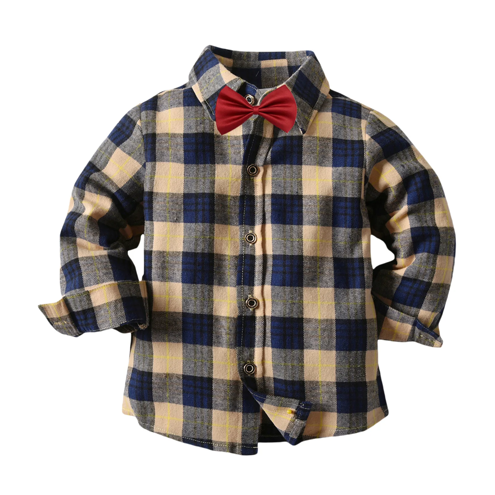 

Fashion Kids Shirt Boys Children Plaid Turn-Down Collar Long Sleeve Tops Blouse with Bow Tie for Spring Fall, 18 Months-6 Years