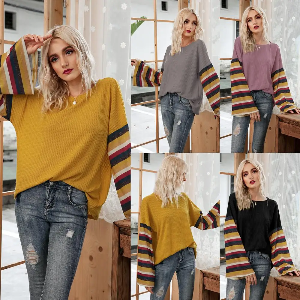 

Autumn New Women Fashion Patchwork Stripe T-Shirt Ladies Leisure Loose Comfortable Trumpet Long Sleeve T-shirt O-Neck Vintage