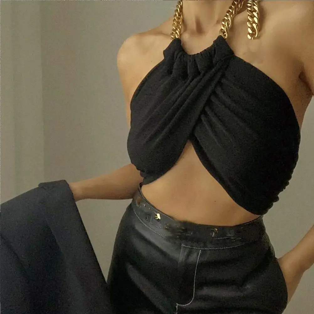 

Sexy Metal Chain Decoration Halter Neck Bottoming Chest Wrap Vest Women