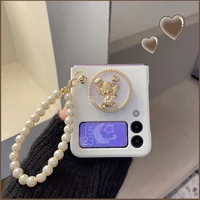 fashion portable pearl hand chain bracelet cute bear stand holder white skin case cover for samsung galaxy z flip 3 flip3 5g