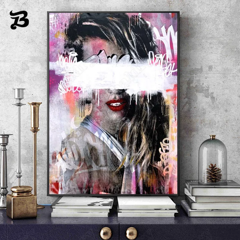 

Canvas Painting Wall Art for Living Room Modern Abstract Beauty Girl Red Lips Fashion Graffiti Cover Posters and Prints Artwork