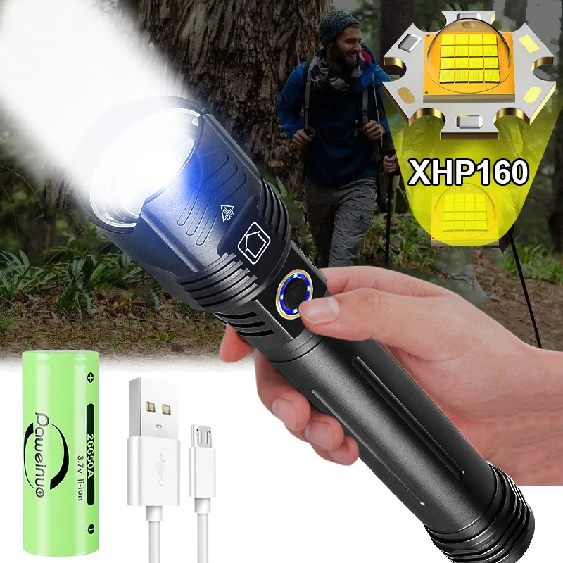 

Мощный яркий тактический фонарик XHP160, перезаряжаемый светодиодный фонарь высокой мощности, с Usb-разъемом, водонепроницаемый светильник для...