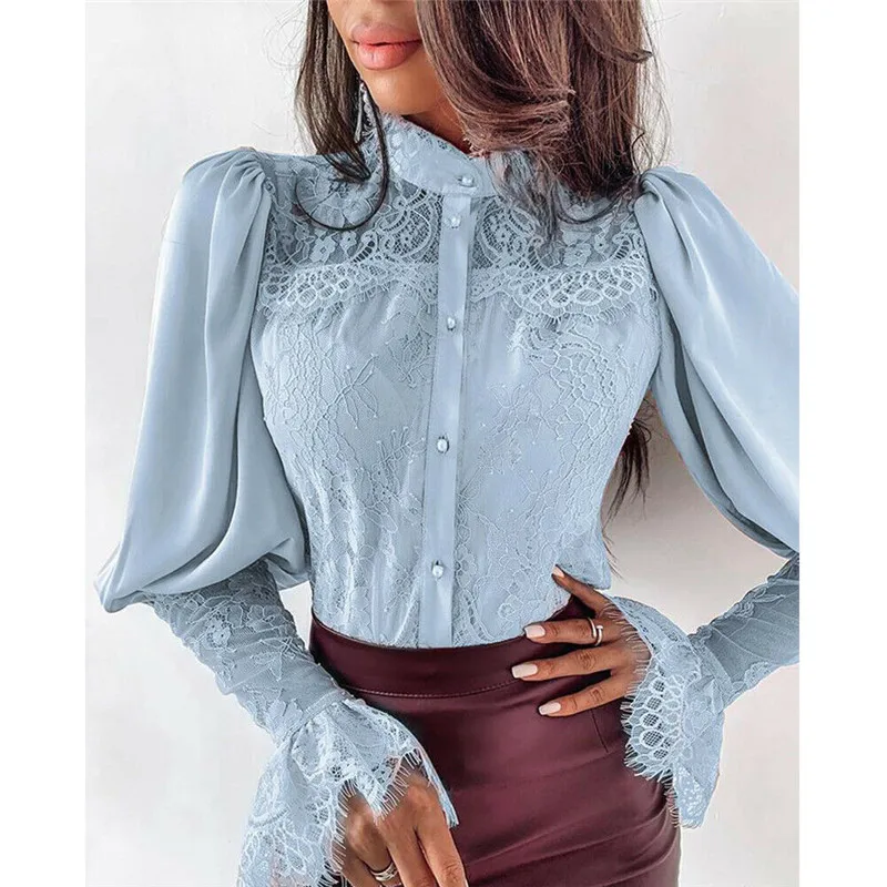Хит 2019 модные женские кружевные рубашки одежда с длинным рукавом топы блузки
