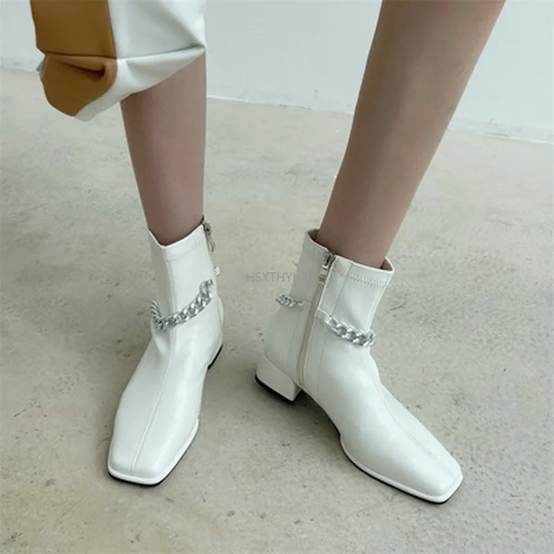 

2022 Sexy Silver Chain Ankle Boots Square Toe Thick Heel Winter Zipper Shoes Woman Short Boot Office Lady Footwear Size 35-39
