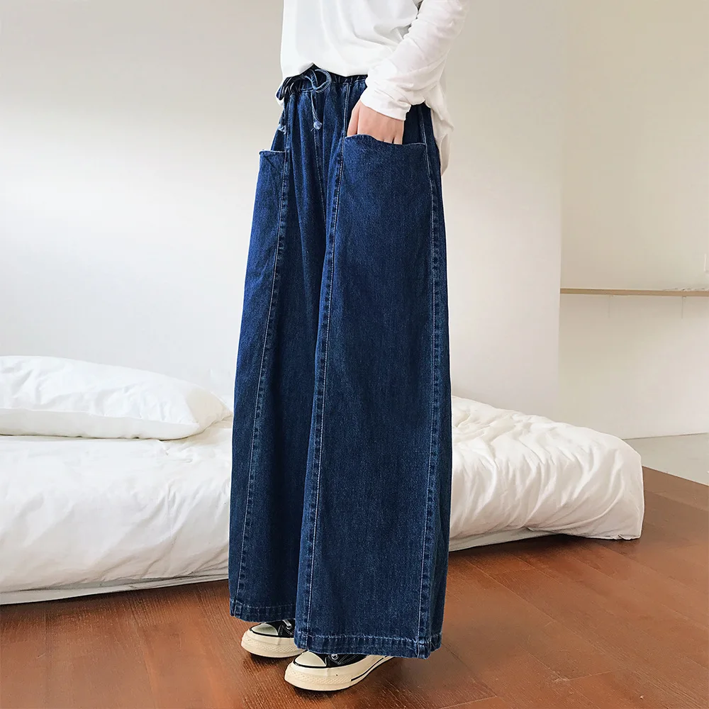 QING MO Denim Women Pants Blue Solid Wide Leg 2019 Autumn High Waist Casual Style Quality ZQY1502 |