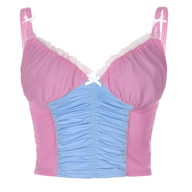 

Sexy Cami y2k Tank Top Women e girl y2k Clothes 90s 2000s Aesthetic Clothes Summer Mesh Folds V Neck Bowknot Kawaii Corset Top