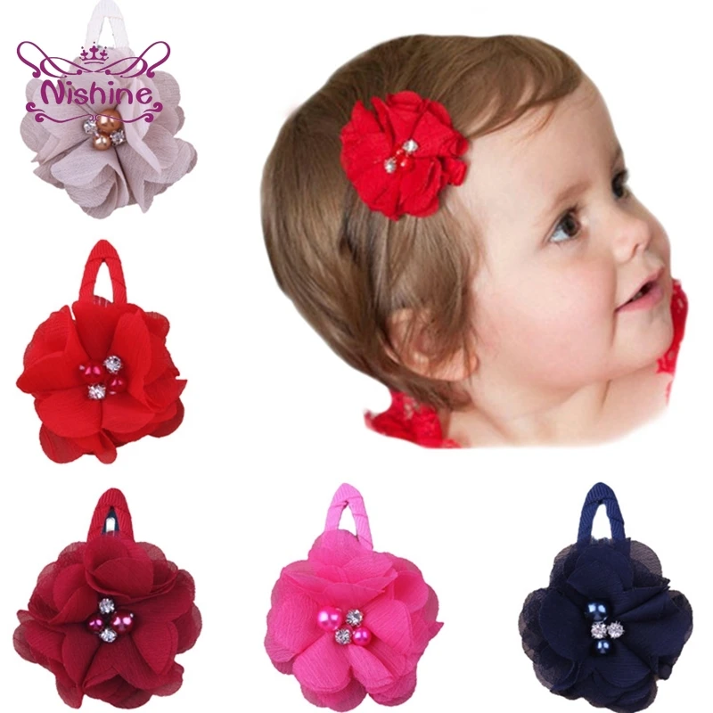 

5,5 см ручной работы из шифона с цветочным рисунком заколка для волос, Сияющие Стразы бисером BB детская заколка-пряжка для "конского хвоста" д...