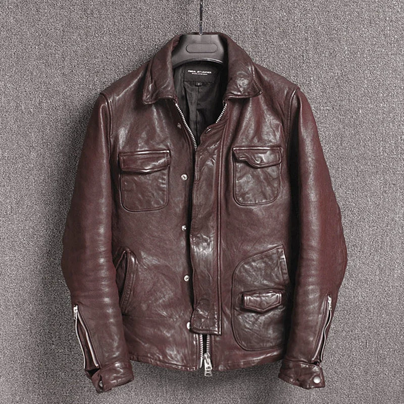 

vintage Men's motorcycle leather jacket vegetable tanning sheepskin slim fit biker jacket men japanese Wrinkle leather coat male