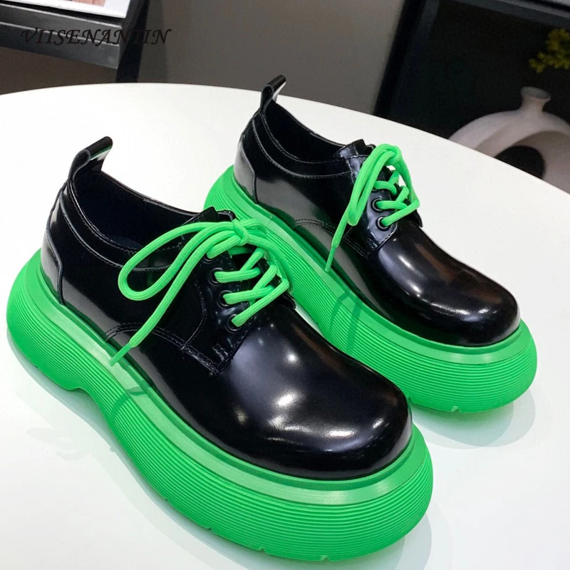 

Autumn New Open Side Beads Leather Color Matching Round Toe Strap Platform Platform Shoes Lace-up Lok Fu Leather Shoes