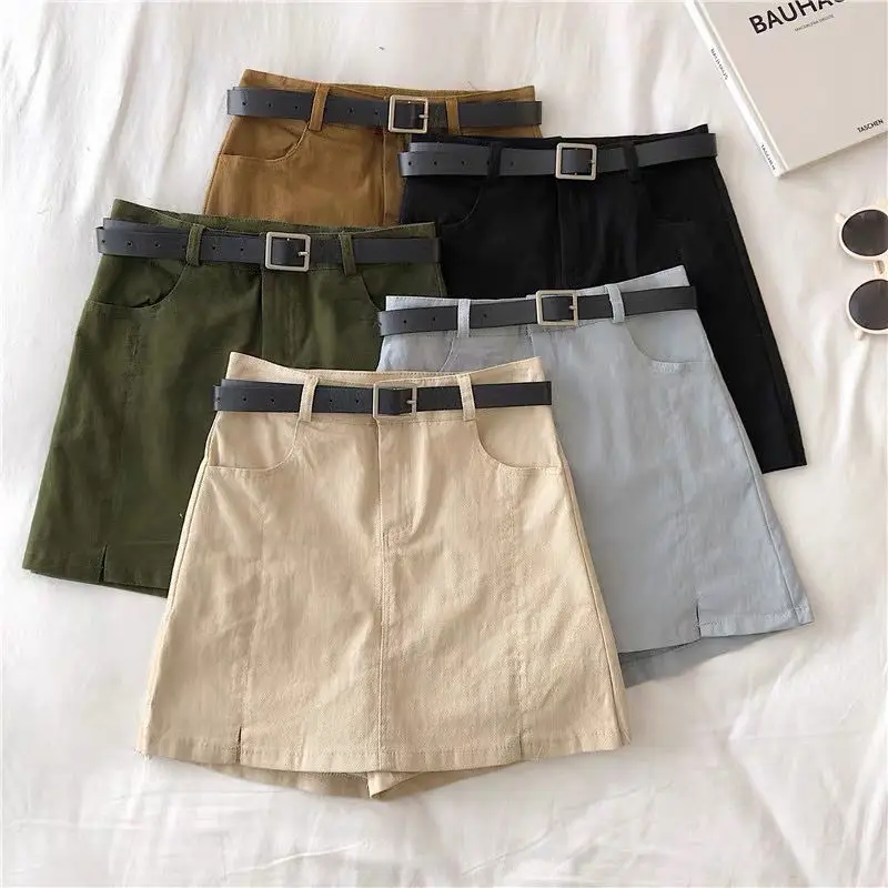 

Solid Color High Waist Tooling Women's New Spring and Summer Casual Slimming Split Skirt Pants with Belt