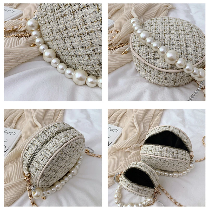 bolsos модные женские сумки-почтальон, круглая сумка на плечо, дизайнерская сумка через плечо, твидовые сумки для женщин, жемчужное колье, сумка