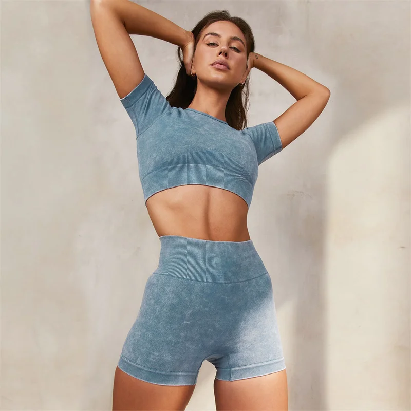 

2021 Summer 2 PCS Outfits for Women Washed Faked Denim Yoga Sports Suits Short Sleeve Knee Length Top Yoga Leggings Vamos Todos