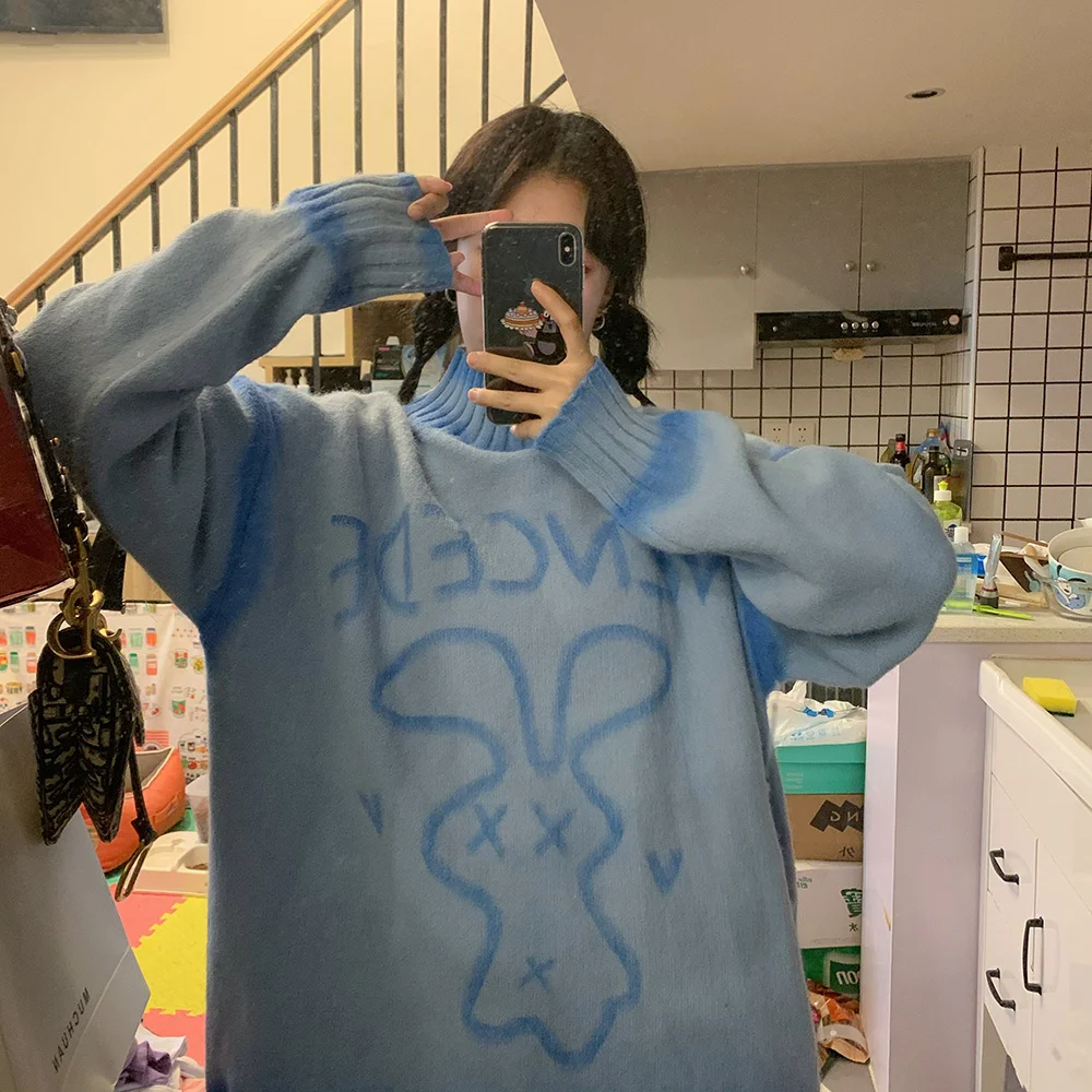 Женский свободный свитер корейской версии с принтом кролика и