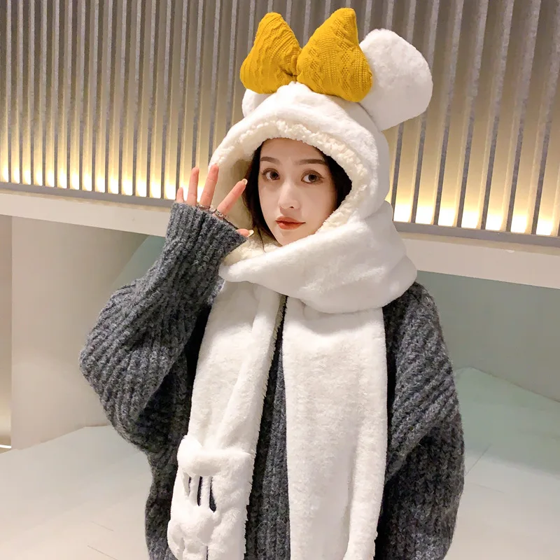 

Women Stitching Color Cute Scarf 100% Wool Cold and Warm Hat Autumn and Winter Love Scarf Winter Skiing All-in-one Hood