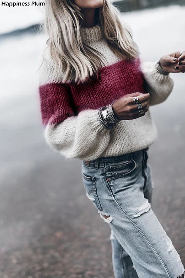 

Long Sleeve Mohair ColorBlock Sweater 2020 Winter Autumn Woman Sweaters Pullovers Casual Knitted Striped Fuzzy Fluffy Sweater