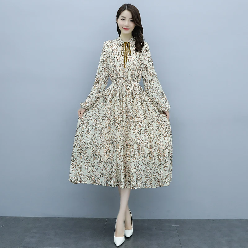 

8056# New Spring and Autumn Office Ladies Chiffon Dress Elegant and Generous Temperament Long Sleeve Apricot French Floral Dress