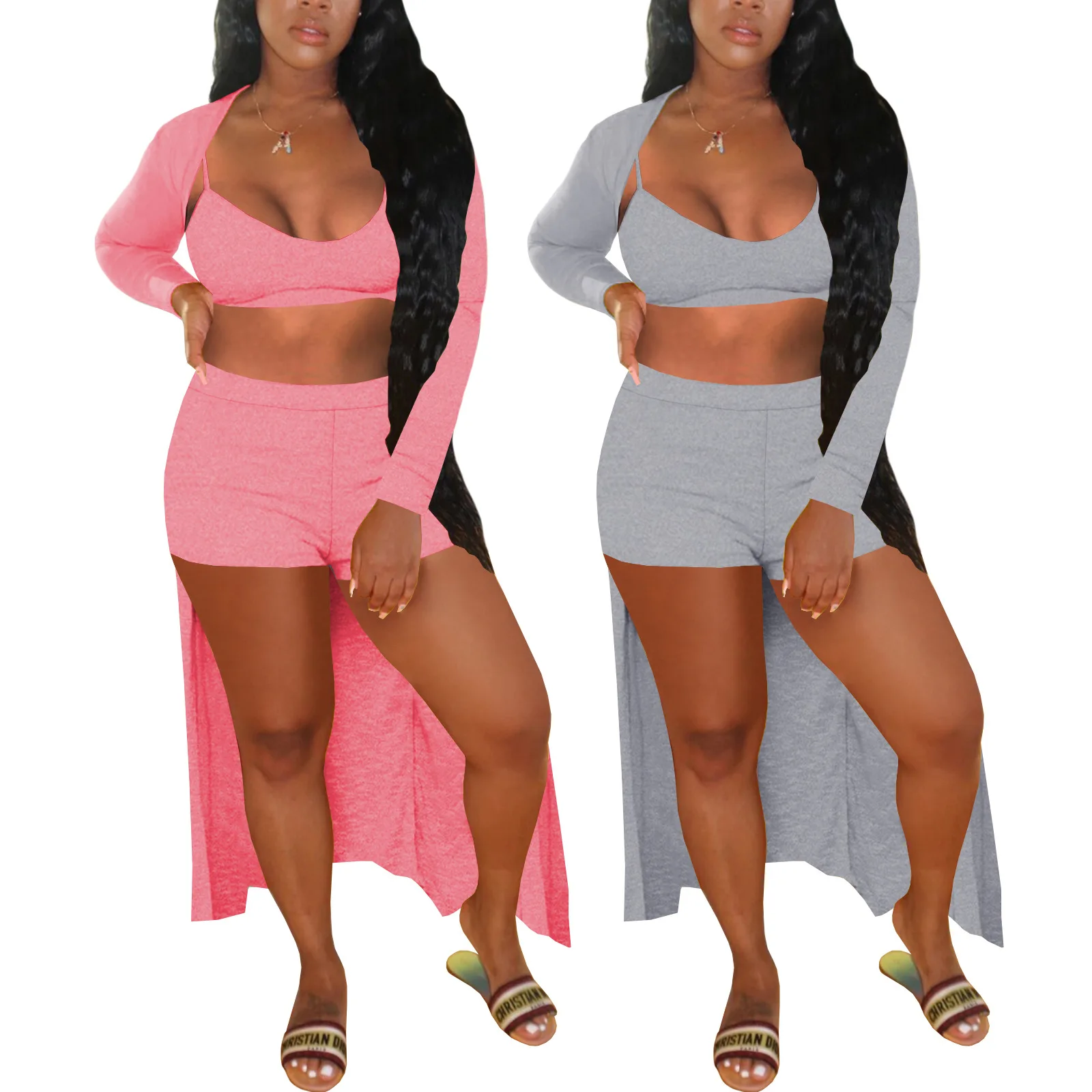 

Activewear Solid 3 Piece Matching Set Women's Clothes 2021 Spaghetti Strap Bra Top+biker Short+long Sleeve Open Stitch Outfit